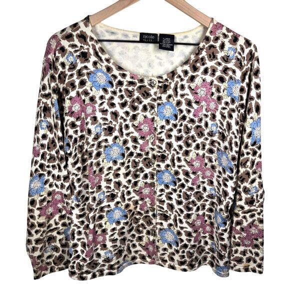 NICOLE MILLER Silk Blend Cardigan Size XL Animal Print Floral Cardi Scoop Neck - Picture 2 of 9